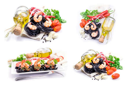 Italian Pasta with vegetables on white backgroundの写真素材