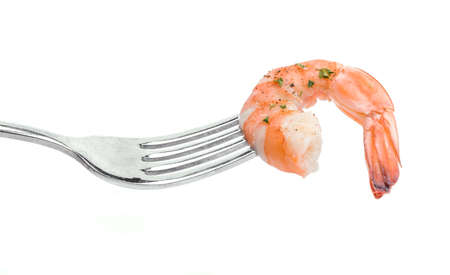 Shrimp Linguine on a fork, isolated on white backgroundの写真素材