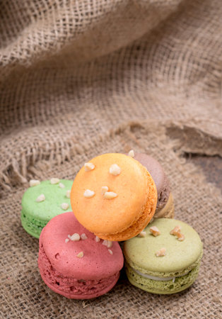 French macaroons on sack backgroundの写真素材