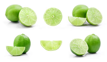 Fresh lime and slice set, Isolated on white backgroundの写真素材