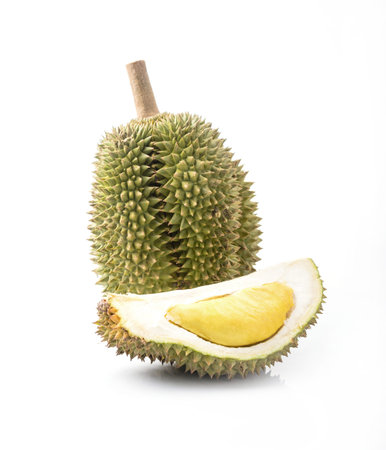 King of fruits, durian on white backgroundの写真素材