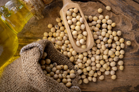 closeup is some soybeans with wooden spoon with wooden background