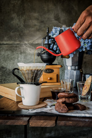 breakfast with coffee dripping in the morning. Still life photograph, Kit for making drip coffee in...