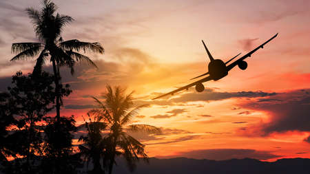 Silhouette from a landing plane that is flying to the airport. Photo taken during a nice colorful sunset.の写真素材