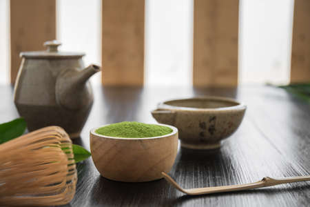 Matcha. Organic Green Matcha Tea ceremony. Matcha powder. Cooking with matcha, recipeの写真素材