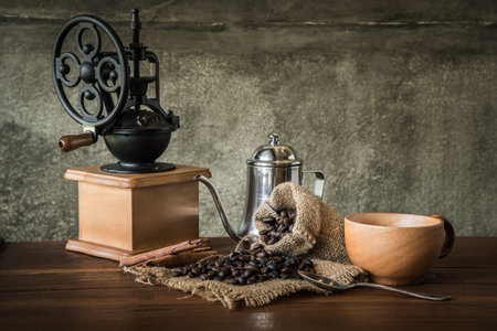 coffee in the morning. Still life photograph, coffee in vintage color toneの写真素材