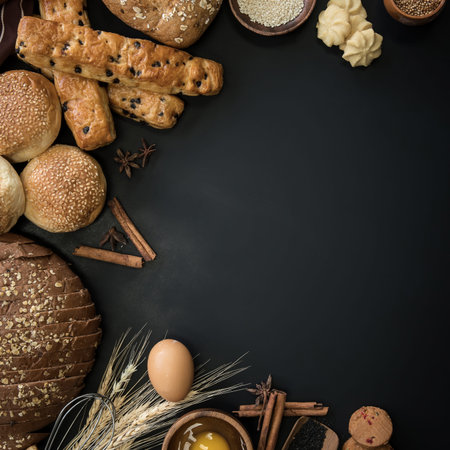 Group of different types of bread on black background, Leave space for text input.の写真素材