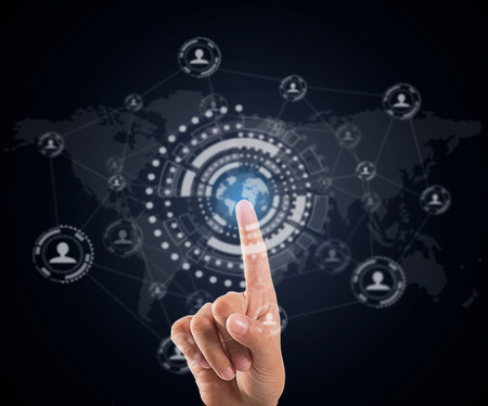 hand touching map point, network connection, international meaningの写真素材