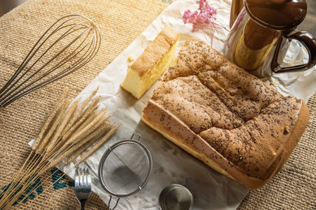 butter cake with props surrounded, selective focus