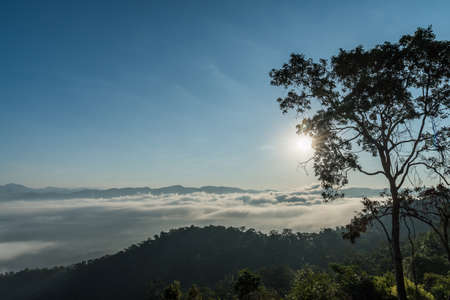 Mountain mist, Beautiful winter mountains landscapeの写真素材