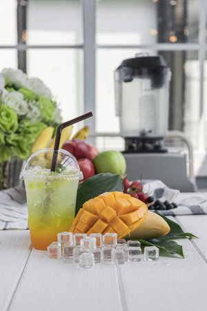 mango italian soda arranged on wood table,