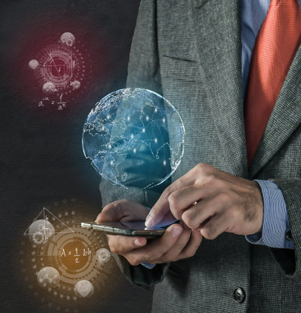 Businessman using smartphone with abstract glowing business hologram. Innovation and technology...