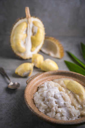 Sweet Sticky Rice With Durian And Coconut Milk Sauce, Thai food.