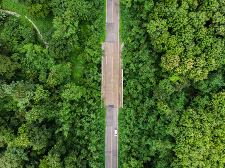 Asphalt road with green tropical forest at countryside of Thailand, Top view aerial photo from...