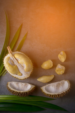 close up shot on durian, sweet king of fruits on dark background, vegetable for diet with nutrition...