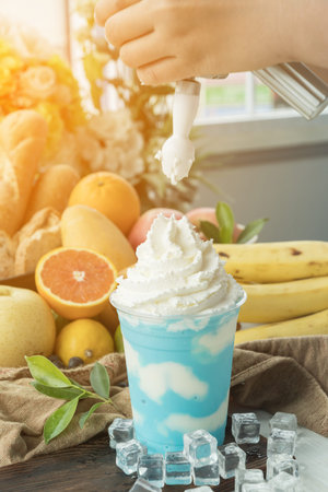 Mint smoothies with Mint smoothies with whip cream, Dessert made of mint smoothie and flax topped...