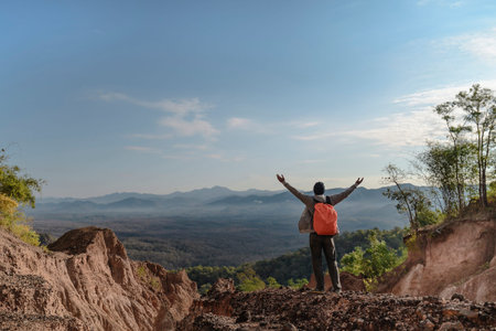 Tourist on the peak of high rocks. Sport and active life concept.