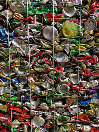 Bangkok, Thailand - September 20, 2018 : pile of old aluminum beverage cans prepare for recycle.