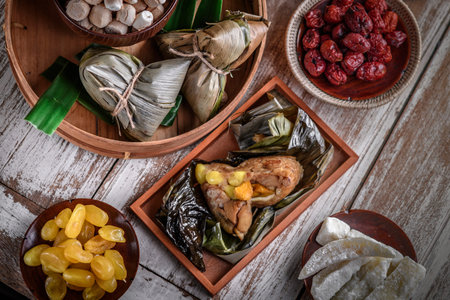 Chinese New Year party table with food and traditional decorations, Conceptual flat lay Chinese New Year food and drink still life.の写真素材