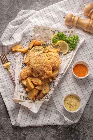 fish and chips with french friesの写真素材