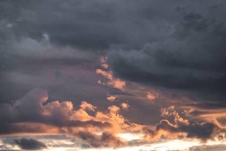 Before heavy rain storm. On the sky is covered all over by the clouds. A lot of lightning and strong...