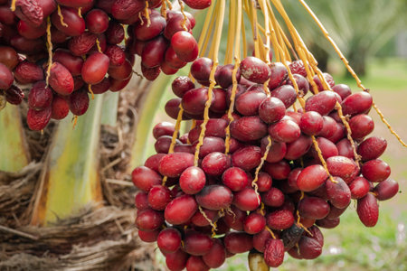 Fresh date palms that have an important place in advanced desert agriculture. Concept of harvesting,...