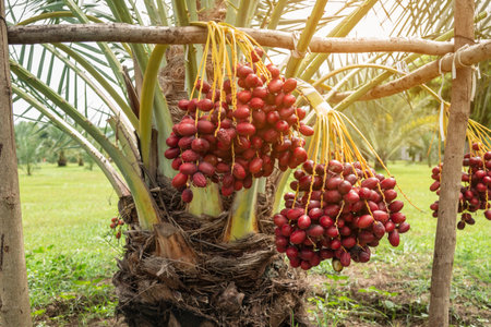 Fresh date palms that have an important place in advanced desert agriculture. Concept of harvesting,...