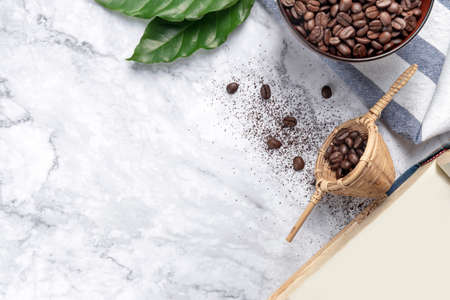 Background with assorted coffee, coffee beans, ground and instant, pads and capsules, retro style toned, copy space, top view.の写真素材