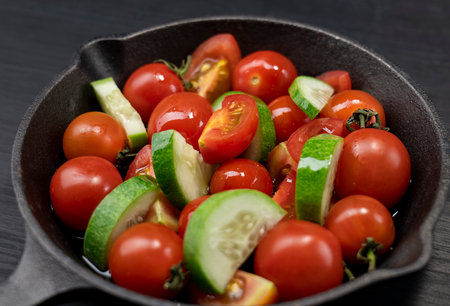 Salad with tomatoes, olives oil, and cucumber on an iron plate, Fresh organic salad, Raw snack vegetable with olives oil as antipasti, Vegetable salad with cherry tomatoes on a dark background.の写真素材