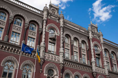 Kyiv / Ukraine - July 31, 2020: Facade of the National Bank of Ukraine in 2020 with European Union and Ukrainian flags in the frontのeditorial素材