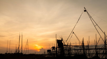 Silhouette Tree and Longtail boat in the morning at railay thailandの写真素材