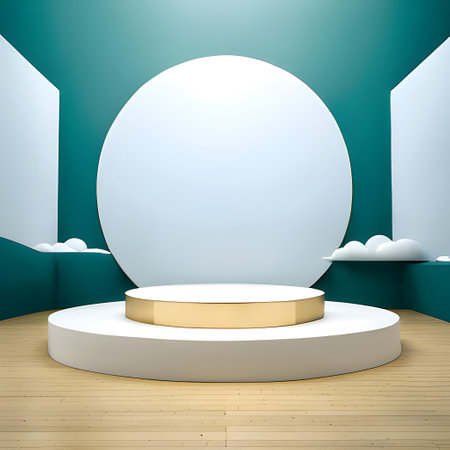 3d render of abstract minimal geometric forms. Glossy white podium in blue room with green wall and wooden floor. Generative AIの素材