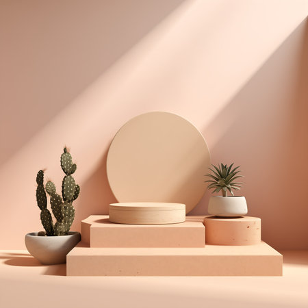 Minimalist abstract scene with podium and cactus. 3d render. Generated AIの素材