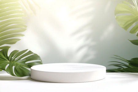 White podium on white table with tropical leaves background. Generated AIの素材