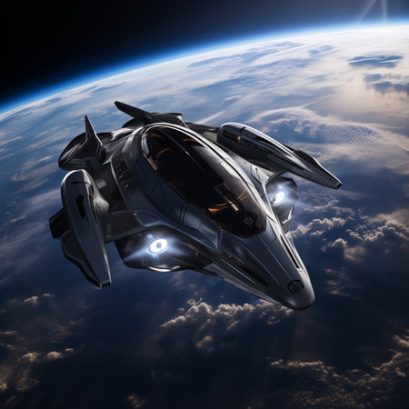 Futuristic spaceship flying over the earth. Generated AIの素材