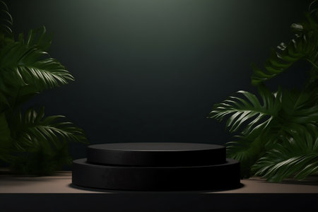 Black podium with tropical leaves on dark background. 3d render. Generated AIの素材