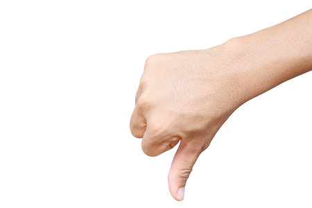 The man's hand is showing offensive gestures.  Isolated on white background