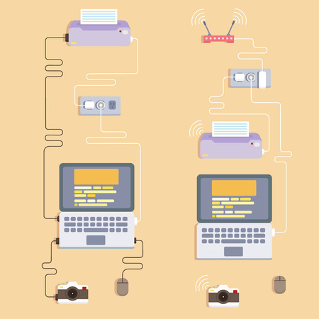 Technology flat illustration with hardware and device. Top viewのイラスト素材