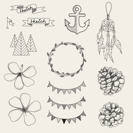 Hipster sketch style infographics elements set for retro design. Paster colorのイラスト素材