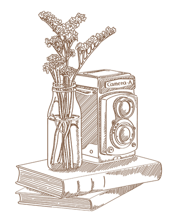 sketch of photo camera book and flowerのイラスト素材