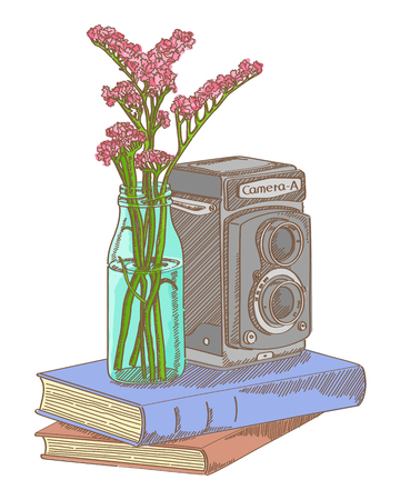 sketch of photo camera book and flower - color waterのイラスト素材