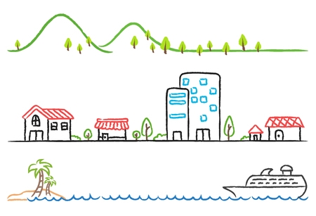 Cartoon hand drawing of small town, green mountain and boat in the sea.のイラスト素材