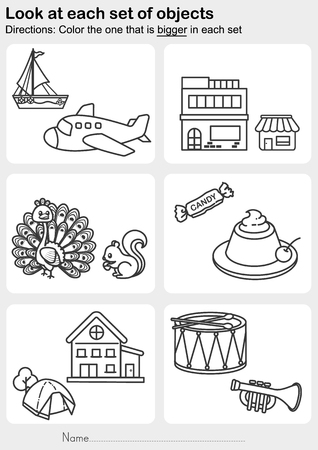 Look at each set of objects - Color the one that is bigger in each set - Worksheet for education.のイラスト素材