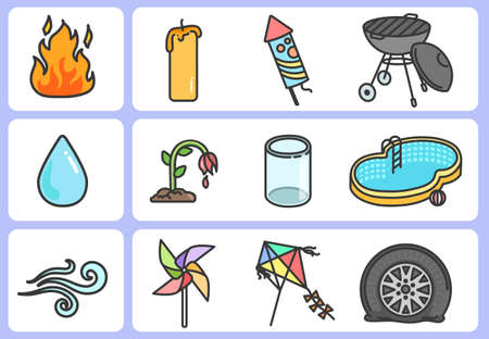 The use of the energy of fire, water, wind. sources of energy - Worksheet for educationのイラスト素材