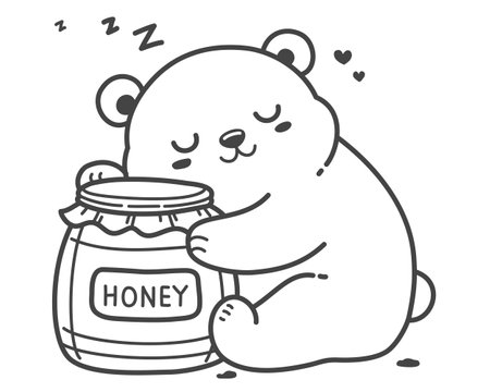 The bear sleeps contentedly, hugging a honey jar, its favorite food. Hand drawing vector illustration in black outline on a white background.のイラスト素材