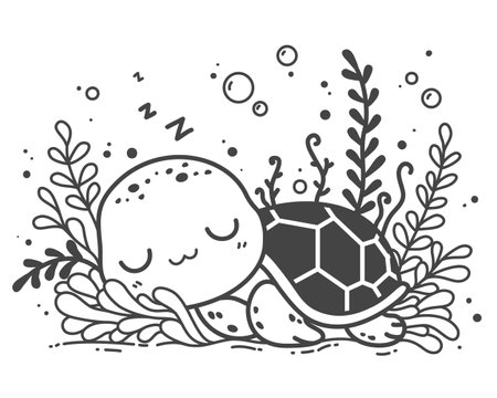 The sea turtle sleeps contentedly, hugging a seaweed, its favorite food. Hand drawing vector illustration in black outline on a white background.のイラスト素材