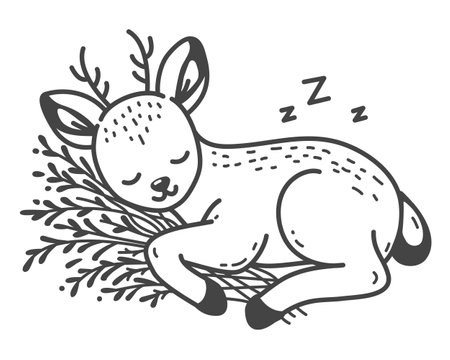The deer sleeps contentedly, hugging a grass, its favorite food. Hand drawing vector illustration in black outline on a white background.のイラスト素材