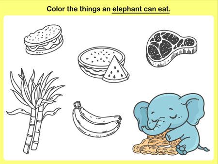 Children's coloring worksheet: Color the foods that the elephant can eat. Fun for preschool years children. Game worksheet.のイラスト素材