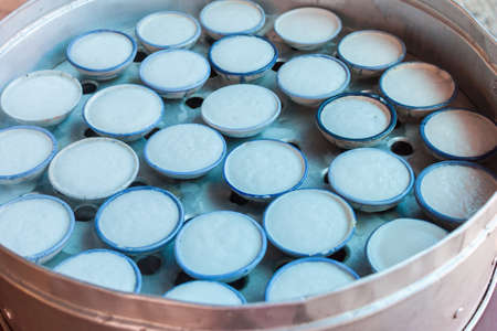 coconut milk custard in small porcelain cupの写真素材