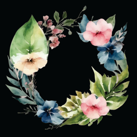 Watercolor floral wreath on black background. Hand painted illustration.の素材